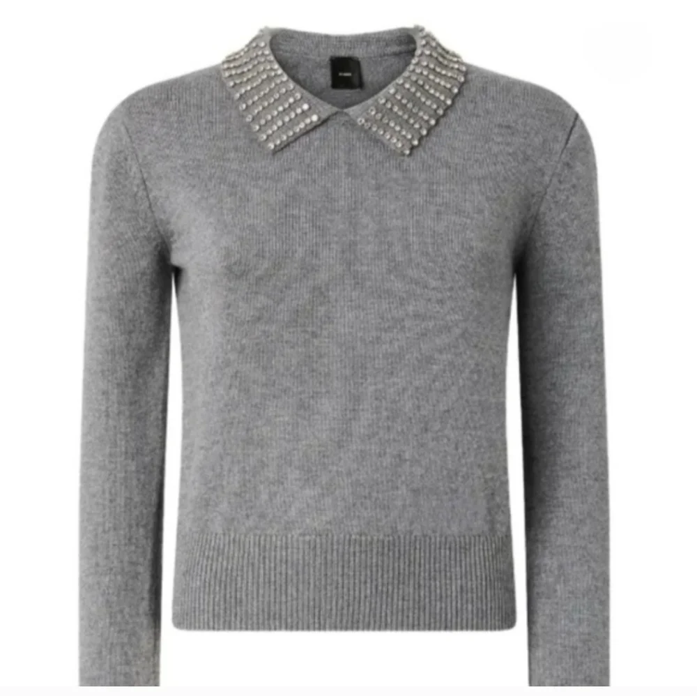 French Connection Gray 100% Wool Beaded Pearl Collar Crewneck Sweater Size Small - Picture 9 of 13